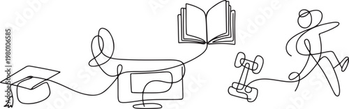 Continuous line drawing of online knowledge, learning, education, teaching, physical education, student life. one line art icon drawing vector
