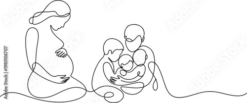 Continuous line drawing of pregnancy, motherhood, preparation for childbirth, family, expectation of a child. one line art icon drawing vector