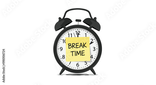 A sleek black alarm clock displays a prominent yellow sticky note with the text break time attached to its face in a clean and minimalist white environment.