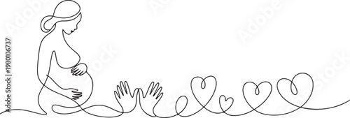Continuous line drawing of pregnancy, motherhood, preparation for childbirth, family, expectation of a child. one line art icon drawing vector