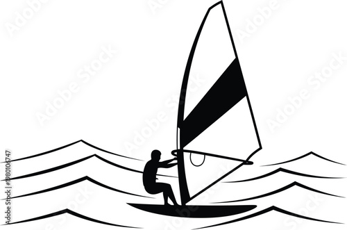 Minimalist Black and White Windsurfing Silhouette on Ocean Waves