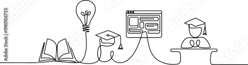Continuous line drawing of online knowledge, learning, education, teaching, solving problems, student life. one line art icon drawing vector