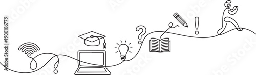 Continuous line drawing of online knowledge, learning, education, teaching, solving problems, student life. one line art icon drawing vector