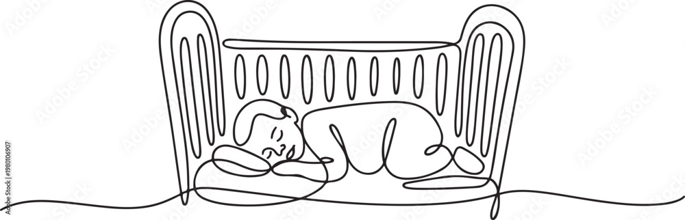 Obraz premium Continuous line drawing of childhood, safety, protection, crib, children s sleep, sleep, relaxation, recreation. one line art icon drawing vector