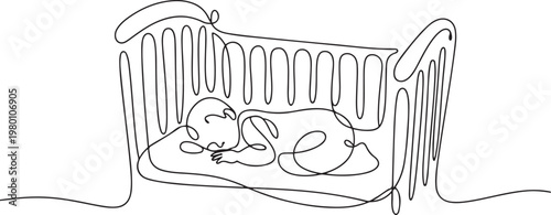 Continuous line drawing of childhood, safety, protection, crib, children s sleep, sleep, relaxation, recreation. one line art icon drawing vector