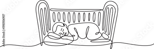 Continuous line drawing of childhood, safety, protection, crib, children s sleep, sleep, relaxation, recreation. one line art icon drawing vector