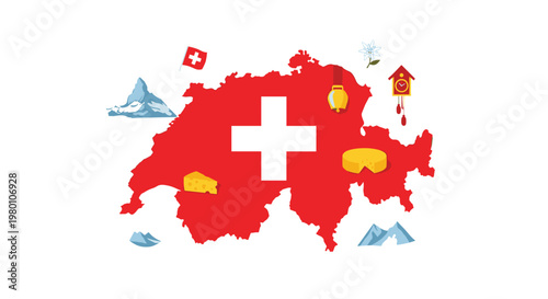 The bold red Swiss map features a white cross centered amidst iconic alpine mountains and traditional cultural symbols in a clean minimalist vector design.