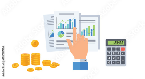 A human hand points at a detailed financial chart on a document while stacks of gold coins and a calculator sit on a clean surface for business analysis.