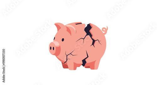 A fragile pink ceramic piggy bank displays a deep jagged crack across its rounded surface within a soft light environment featuring warm pastel color tones.