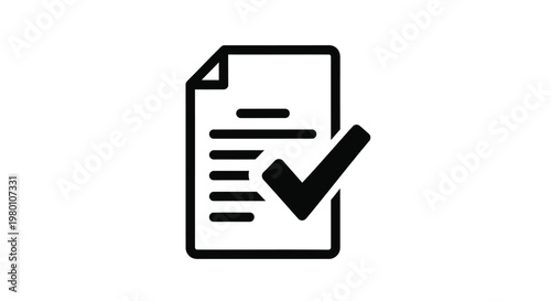 Minimalist document check icon vector, black line art paper with checkmark symbol, approved file and verified contract sign for business UI