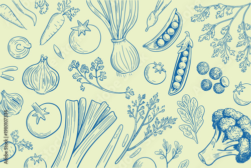 Seamless pattern of fresh vegetables in blue sketch style with vegetables