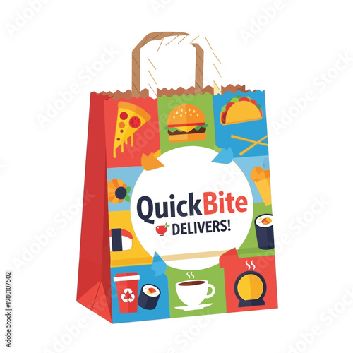 Paper Bag displays a collection of colorful food icons to represent a modern delivery service for restaurants providing quick takeout.