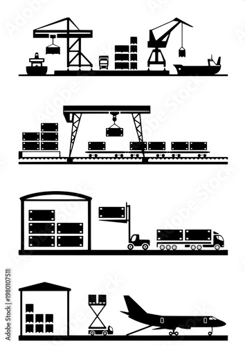 “Silhouette icon of a cargo container being hoisted by a crane, bold shapes, modern logistics symbol design.”