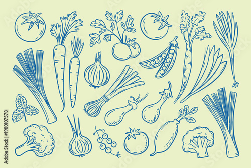 Assortment of blue line art vegetables on light yellow background with tomatoes
