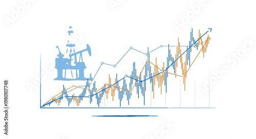 Industrial oil derrick silhouettes stand behind rising blue and orange stock market trend lines on a pristine white background with sharp digital clarity.