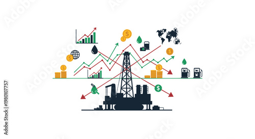 A dark oil rig silhouette stands central among various financial charts and gold coin icons within a clean white environment featuring vibrant colorful accents.