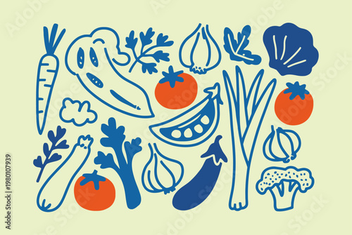 Mixed vegetables illustration with color accents on light background, vegetables