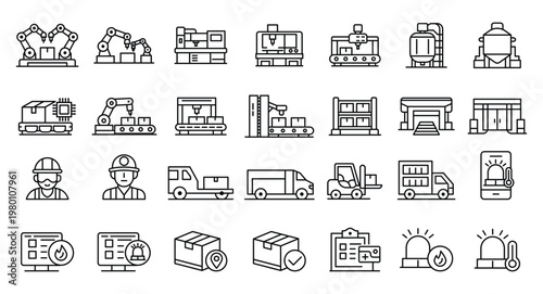 Industrial Automation Icons Set with Various Manufacturing Symbols and Tools