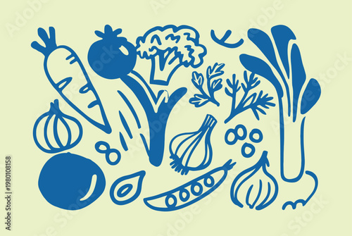 Blue line art vegetables scattered on light yellow background with vegetables