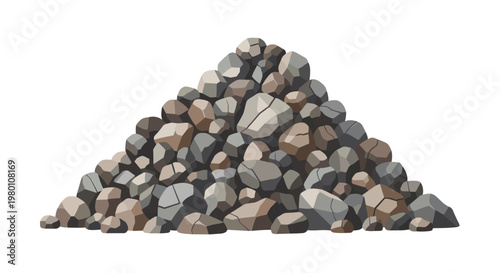 A conical mound of mixed brown and grey stones and pebbles sits on a plain white studio background with a sharp and detailed naturalistic digital texture.