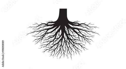 Tree roots black vector illustration deep underground network foundation and strength concept.