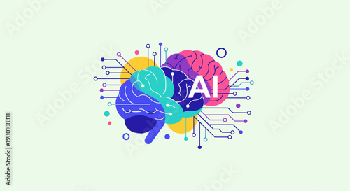 A colorful brain with the letters ai on it isolated on transparent background, isolated on white background, Vector