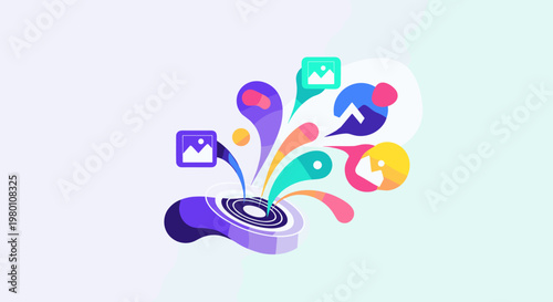 A colorful graphic with pictures coming out of it isolated on transparent background, isolated on white background, Vector