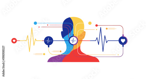 A colorful illustration of a human head with heart rate monitor lines isolated on transparent background, isolated on white background, Vector