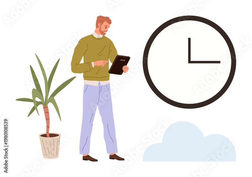 Time management, workplace organization, task planning, corporate setting, productivity, scheduling. A person with a clipboard near a clock and plant. Time management and workplace organization