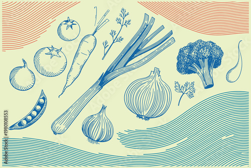 Textured illustration of assorted vegetables with geometric overlays, vegetables