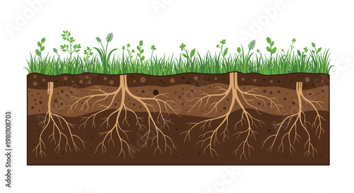 Lush green grass covers a detailed subterranean soil cross-section featuring multiple complex root systems spreading deep into the dark organic earth layers.