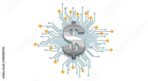Large polished metallic dollar sign rests centrally on a complex blue circuit board pattern featuring glowing orange connection nodes on a white background.
