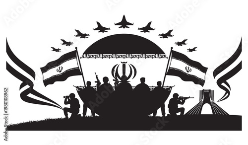 Military silhouette of Iranian soldiers with national flags, fighter jets flying over Azadi Tower, patriotic Iran defense forces vector illustration