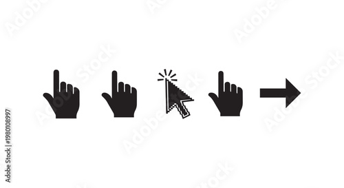 Set of hand gestures and cursor icons pointing in sequence.