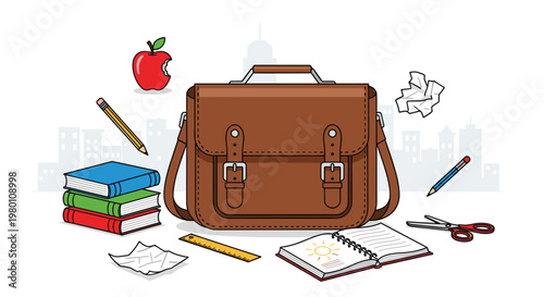 Classic brown leather satchel sits surrounded by various school supplies including colorful books, a pencil, a ruler, scissors, and a bitten red apple.