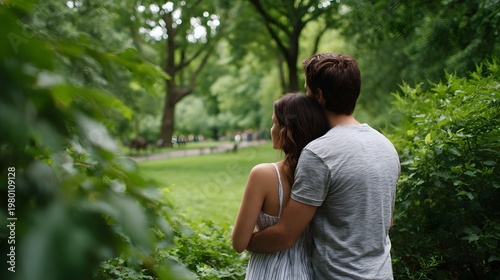 A couple enjoying a tranquil walk through a lush green park environment on a peaceful day