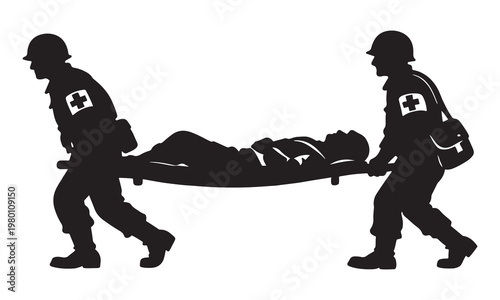 Military medic silhouette vector, army doctors carrying wounded soldier on stretcher, battlefield first aid and emergency rescue scene