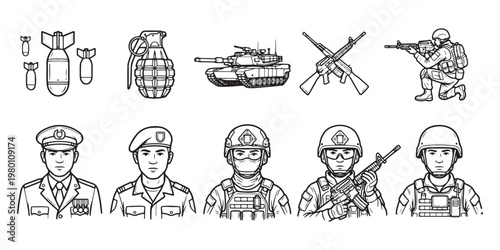 Military icons set with soldiers and weapons, 10 black and white line art vector elements, army infantry and combat equipment illustrations