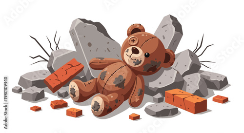 A tattered brown teddy bear rests motionless upon a pile of sharp concrete fragments and broken red bricks in a gritty scene with high contrast textures.