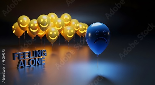 Sad blue balloon standing out from a crowd of happy yellow balloons