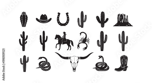 Western desert elements including cacti, cowboy hat, horseshoe, bull skull, scorpion, snake and boots vector.