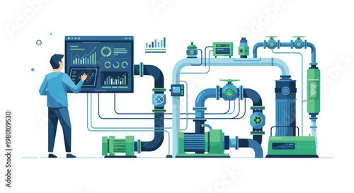 A technician interacts with a large digital dashboard displaying performance metrics for a complex network of blue pipes and green machinery in a facility.