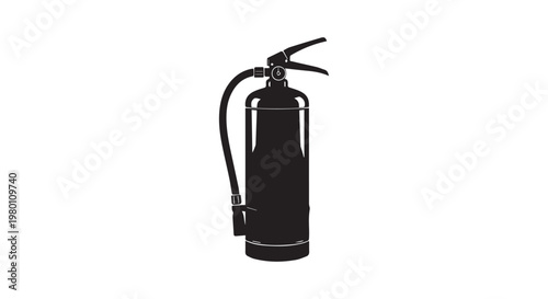 Black silhouette of a fire extinguisher with hose and handle for emergency fire safety and protection vector.