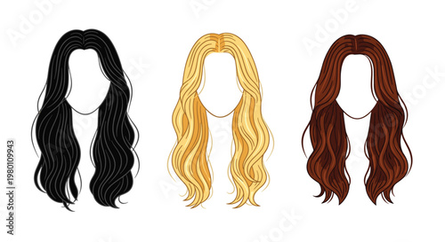 Three distinct long wavy hair styles in black, blonde, and brunette colors displayed on a clean white background for beauty and salon industry visuals.