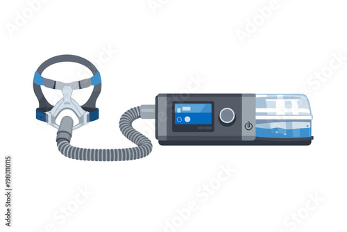 Vector Illustration of a Modern CPAP Machine for Sleep Apnea Treatment Featuring a Full Face Medical Mask with Headgear, Flexible Hose, and Integrated Humidifier for Better Nighttime Breathing.