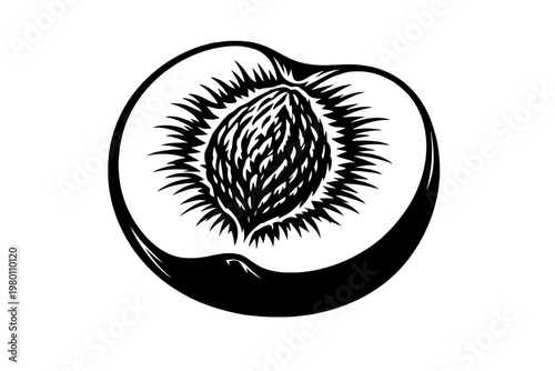 Black and white vector illustration of a peach half showing the pit and textured flesh detail. Minimalist hand-drawn fruit icon in woodcut style, isolated on a white background for design.