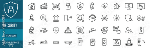 Security and cyber protection web line icons set featuring padlock shield lock eye scan fingerprint recognition CCTV camera cloud safety and more Vector Illustration with editable stroke