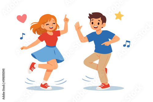 Happy young Caucasian couple dancing together in a flat vector cartoon style. A teenage boy and girl enjoying music with heart and star icons. Fun activity, party, hobby, or celebration scene.