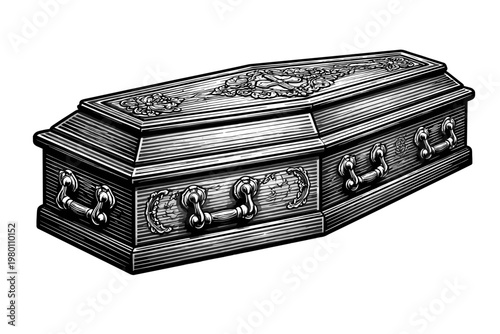 Vintage wooden coffin vector illustration with detailed carvings, ornate handles, and cross emblem. Classic funeral casket design in black and white line art for mourning, burial, and memorial.