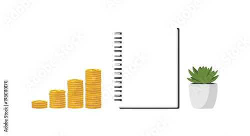 Four increasing stacks of shiny gold coins are arranged beside an open spiral notebook and a small green plant against a crisp and bright white background.